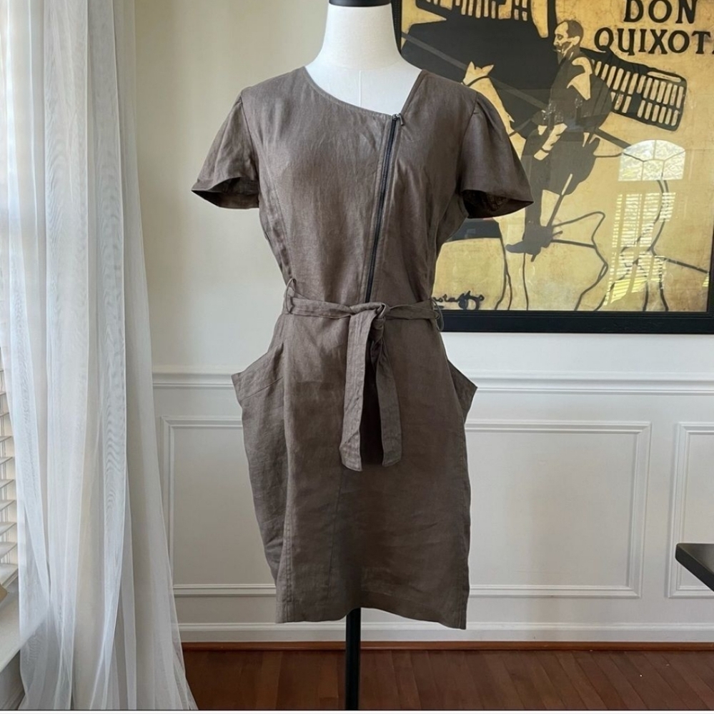 Animale Mocha Linen Asymmetrical Zip Sheath Dress Bucket Pockets 8 modern